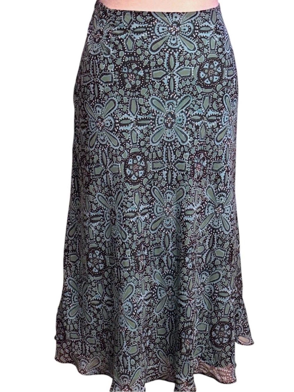 Y2K 90s Womens East 5th Green Blue Floral Midi Skirt Whimsygoth Size 10 F7